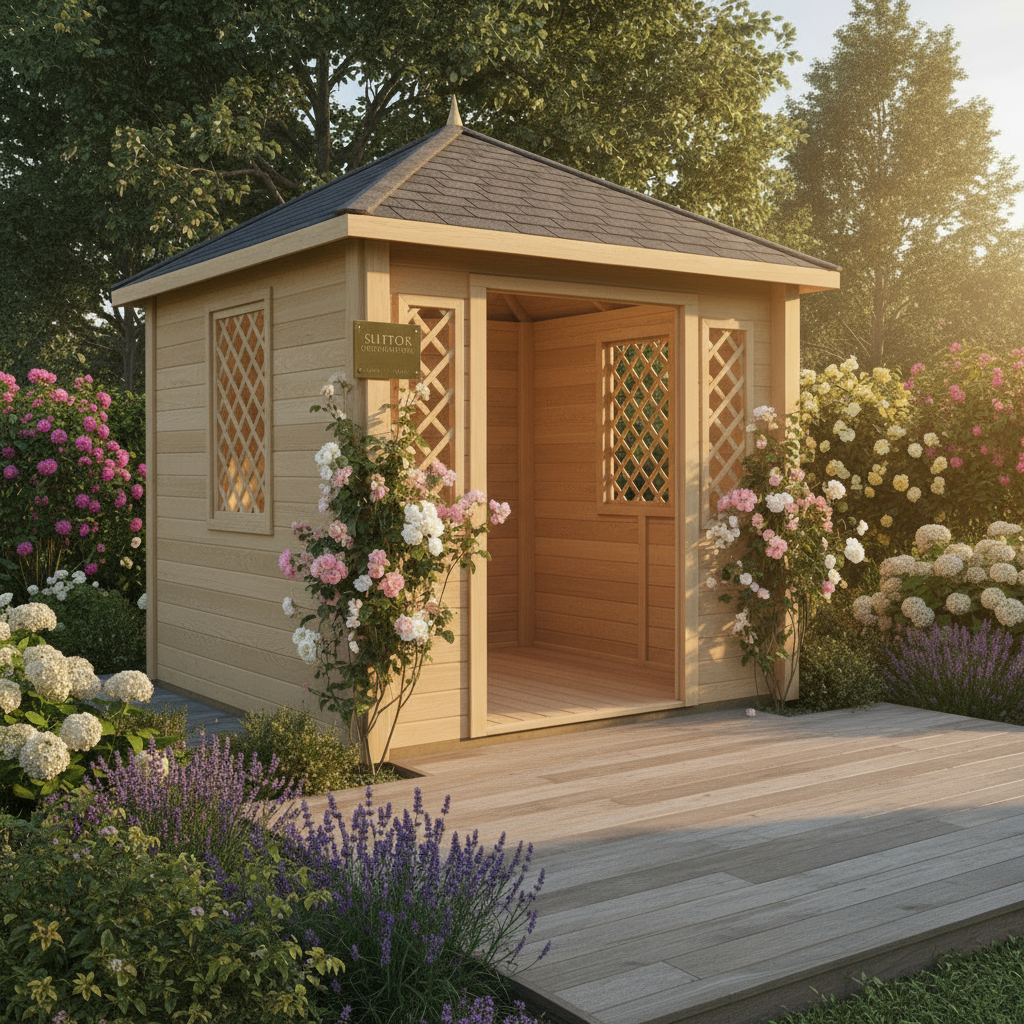 outdoor garden rooms, tranquil garden setting, modern garden building, lush greenery, natural light, inviting atmosphere